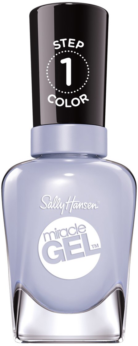 En flaske Sally Hansen Miracle Gel neglelak, lys lilla farve, med sort og hvid låg, trin 1 farve.
