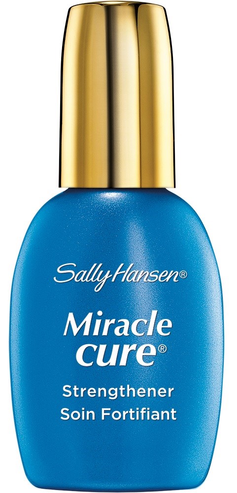 Blå flaska med guldkork, märkt Sally Hansen Miracle Cure, Strengthener.