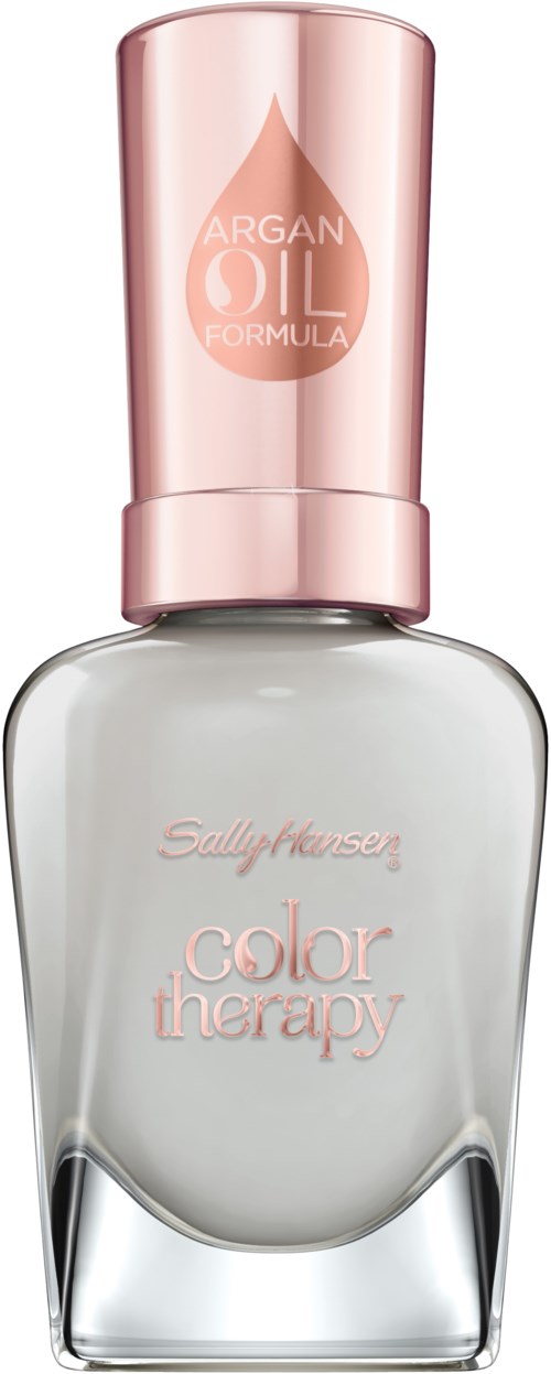 En tydlig nagellacksflaska med rosa lock och rosa text, märkt 'Sally Hansen color therapy.'