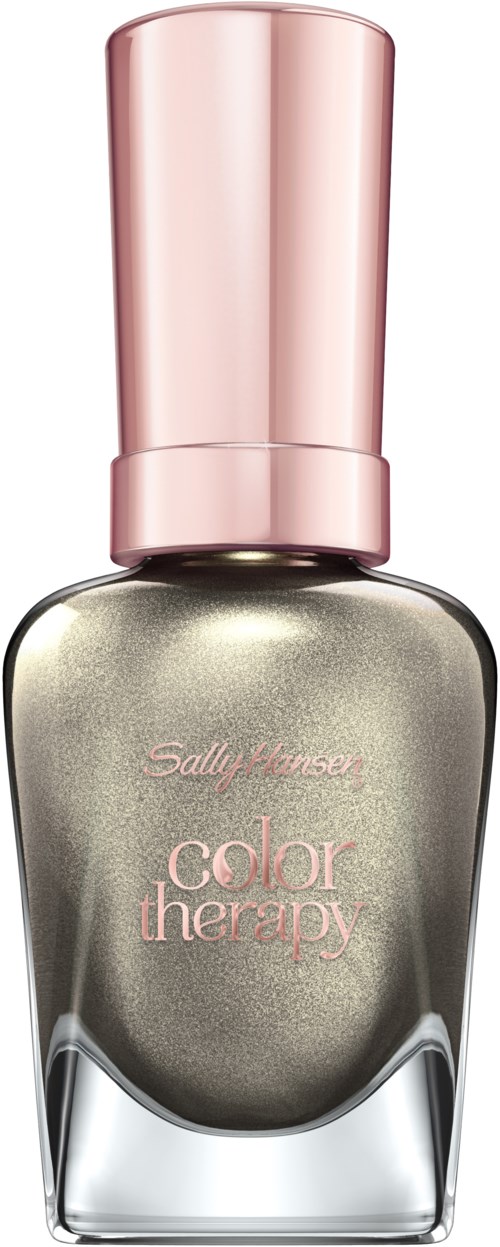 En nagellackflaska med glänsande metallgrå färg och rosa lock. Etiketten säger 'Color Therapy' av Sally Hansen.