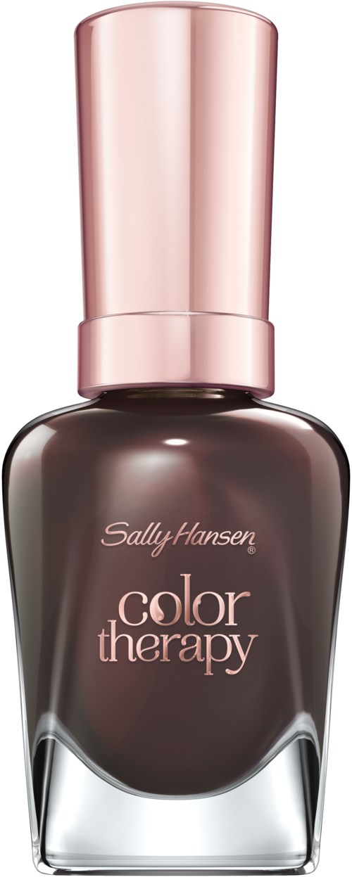En nagellackflaska med mörkbrun färg och rosa kork, märkt 'Sally Hansen color therapy.'
