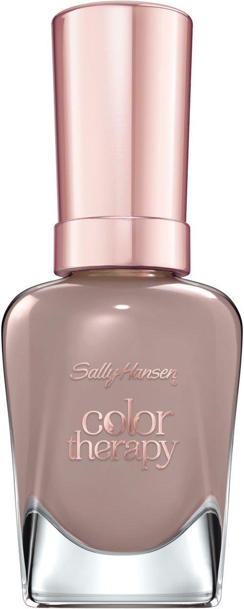 En nagellackflaska med rosa lock och beige nagellack, märkt Sally Hansen color therapy.