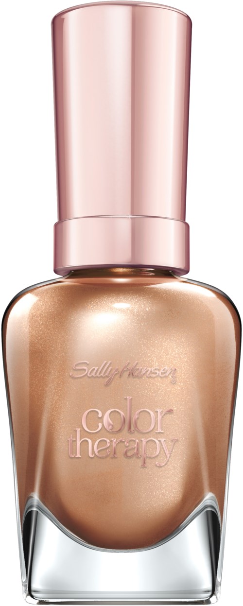 En flaska nagellack från Sally Hansen Color Therapy i en glänsande, beige nyans med ett rosa lock.
