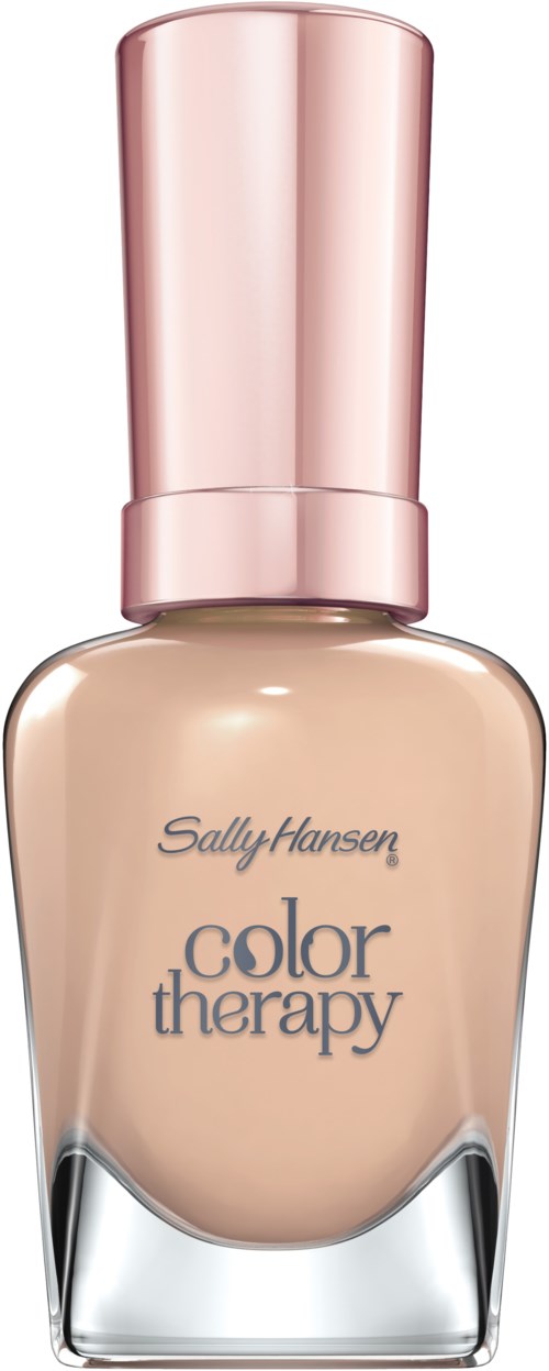 En flaska nagellack från Sally Hansen Color Therapy med beige färg, rosa kork och elegant design.