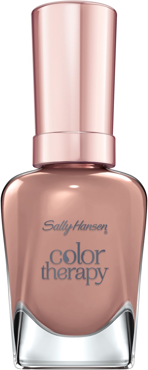 En rosa nagellackflaska märkt 'Sally Hansen color therapy' med ett glansigt lock.