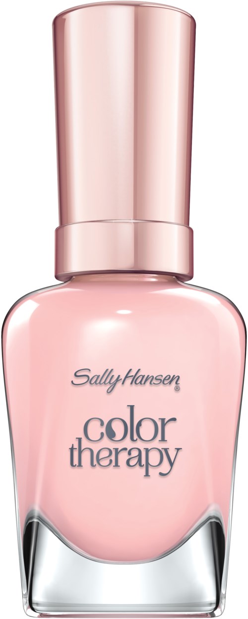 En rosa nagellackflaska med glansigt lock och etiketten 'Sally Hansen Color Therapy.'