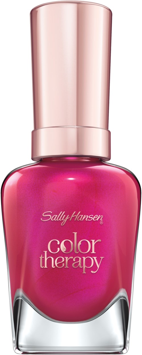 En rosa nagellackflaska med en glänsande, ljusfärgad cap och etikett som säger 'Sally Hansen color therapy' på vitt.
