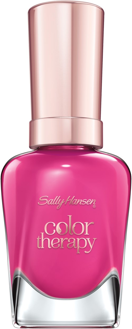 Rosa nagellackflaska med beige lock, märkt 'Sally Hansen color therapy'.