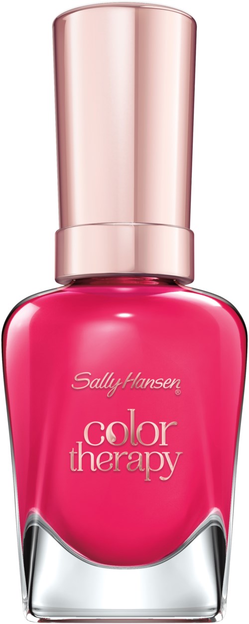 En rosa nagellackflaska med ett glänsande rosa lock och vitt text som säger "color therapy".