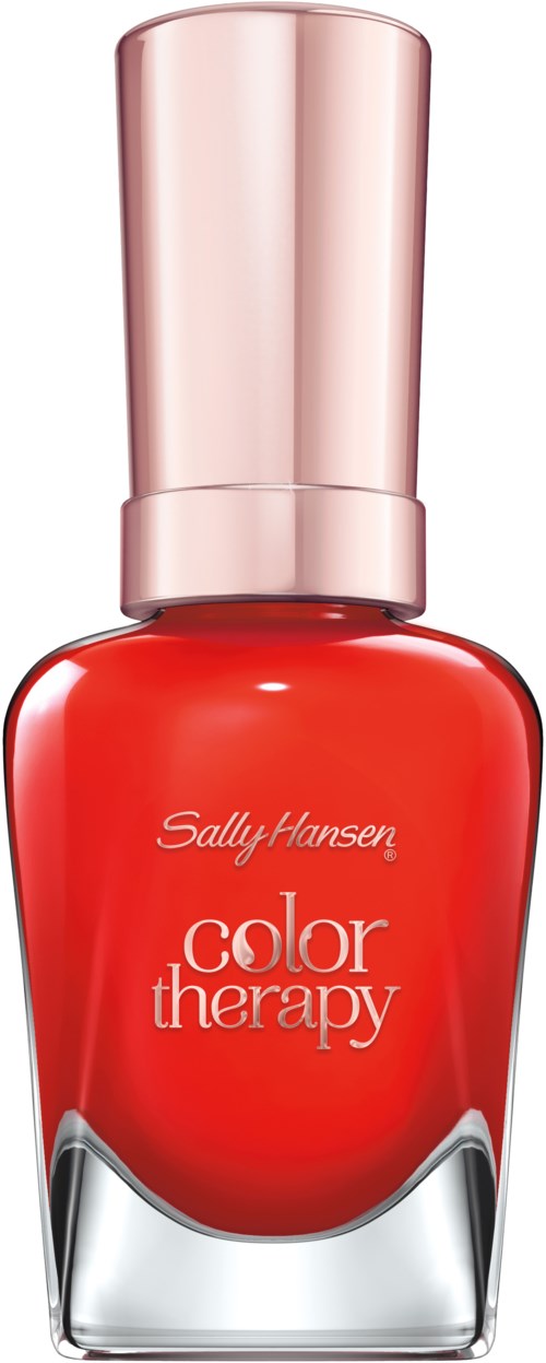Röd nagellackflaska med rosa kork, märkt 'Sally Hansen color therapy'.