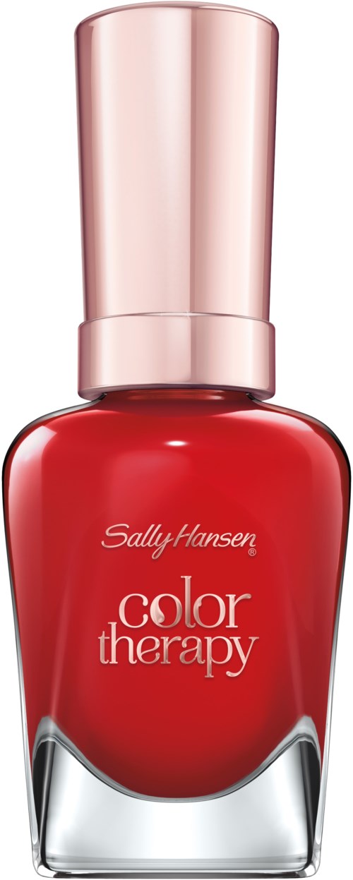 Czerwony lakier do paznokci z różowym kapslem, oznaczony Sally Hansen color therapy.
