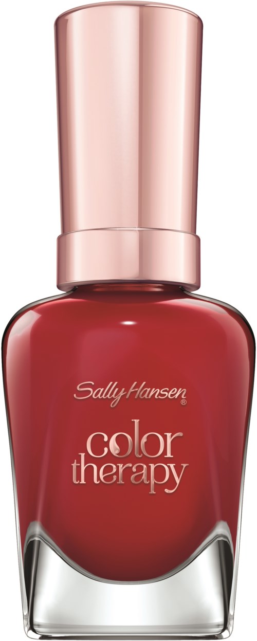 Röd nagellackflaska med en rosa tapp, märkt 'Sally Hansen color therapy.'