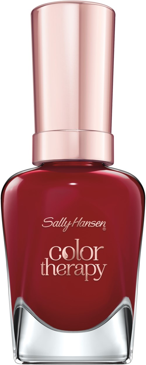 Röd nagellackflaska med rosa lock, märkt 'Sally Hansen color therapy'.