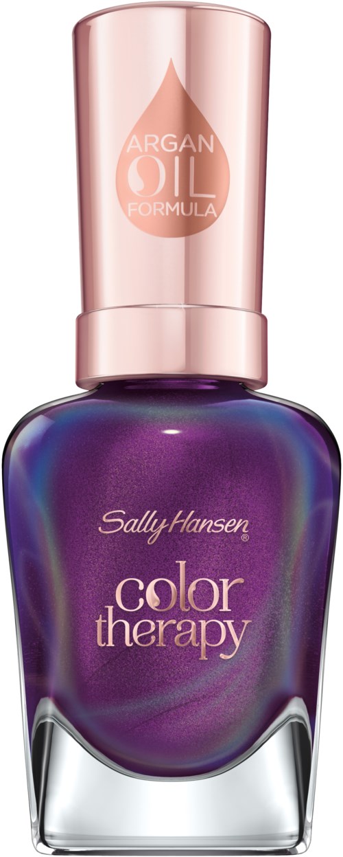 En neglelakkflaske med lilla farge og rosa deksel som sier Argan Oil Formula. Den er fra Sally Hansen.