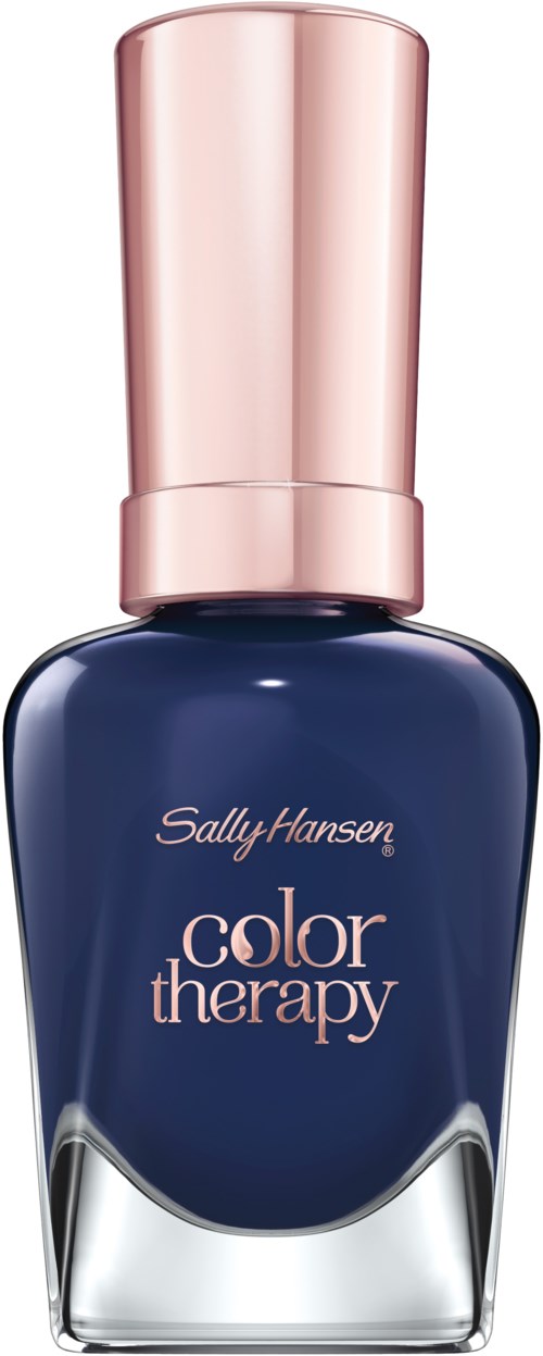 En marinblå nagellackflaska med ett rosa lock. Etiketten säger "Color Therapy" av Sally Hansen.