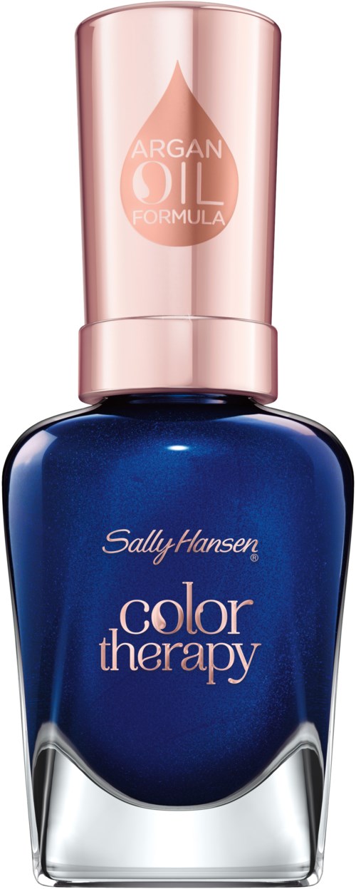 Blå nagellacksflaska med rosa lock, märkt 'Sally Hansen color therapy'.