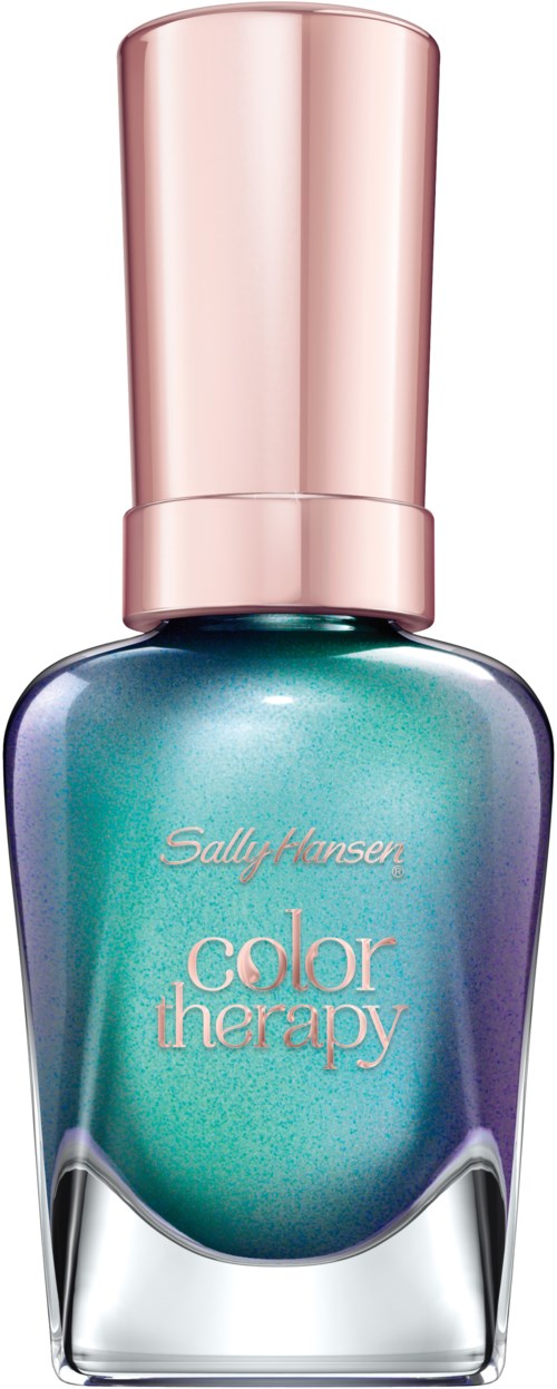 En nagellackflaska i teal och lila med ett glänsande guldlock och rosa text som säger 'color therapy.'