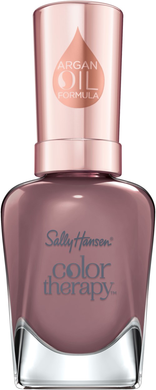 En Sally Hansen nagellackflaska med rosa och lila färger, märkt 'Color Therapy' och innehållande arganolja.