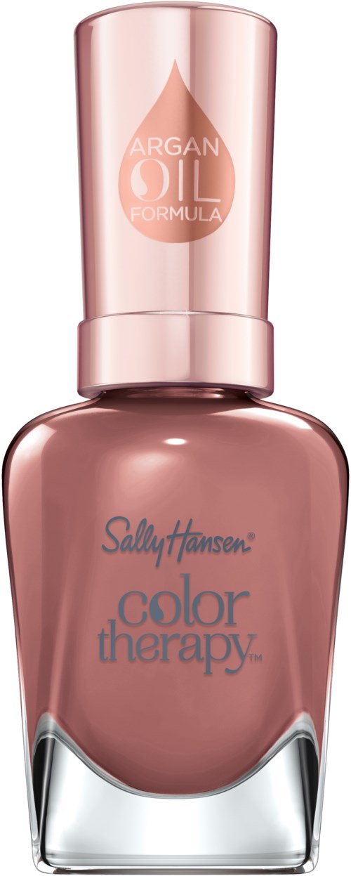 En nagellacksflaska i glänsande, rosafärgad med ett rosa lock, märkt Sally Hansen Color Therapy med arganolja.