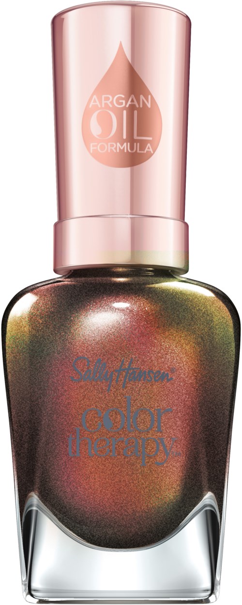 En nagellackflaska med mörka, glittrande färger och en rosa kork som säger "Argan Oil Formula."