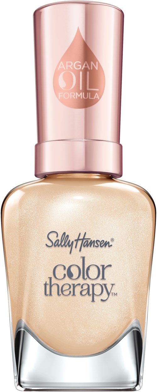 En flaska Sally Hansen nagellack med beige färg och rosa lock, märkt 'argan oil formula' och 'color therapy'.