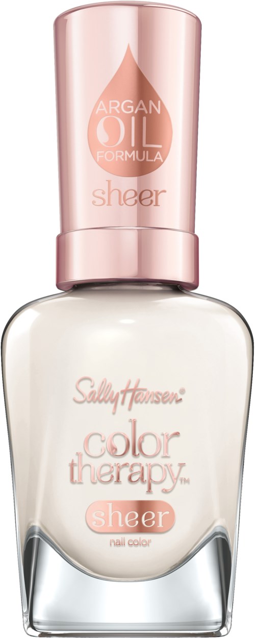 En nagellackflaska med rosa lock och vit botten. Den är märkt 'Sally Hansen Color Therapy Sheer' och nämner arganolja.