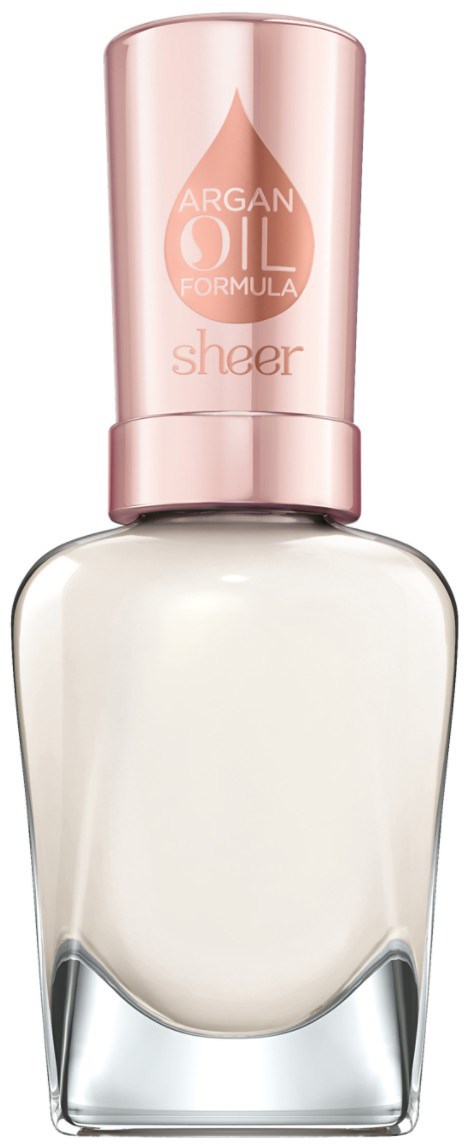 En klar nagellackflaska med rosa kork märkt 'Argan Oil Formula Sheer'.