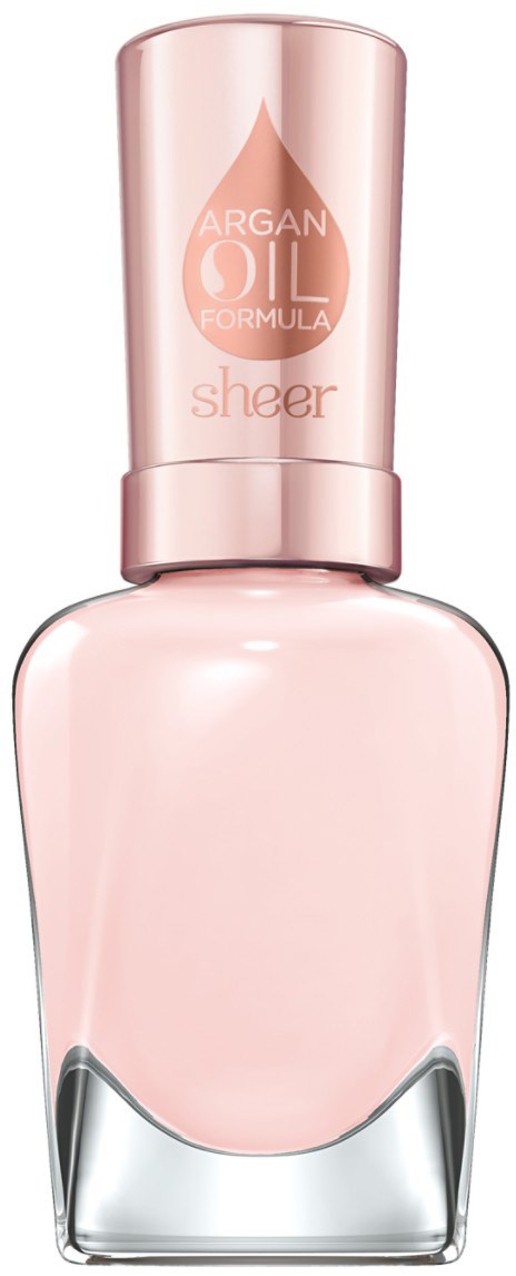 En rosa nagellackflaska med en glänsande kork märkt 'Argan Oil Formula Sheer'.