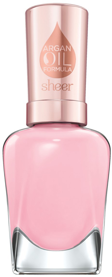 Pink nagellackflaska med glänsande lock märkt 'Argan Oil Formula Sheer'.
