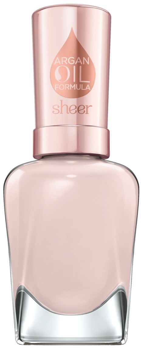 Ein Nagellackflasche in hellrosa mit goldener Kappe, beschriftet mit 'ARGAN OIL FORMULA SHEER'.