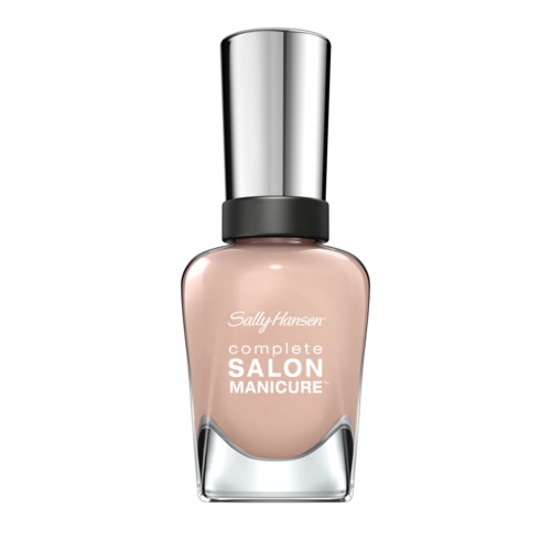 En flaska Sally Hansen nagellack för salongmanikyr, med ett silverlock och rosa färgad vätska i.