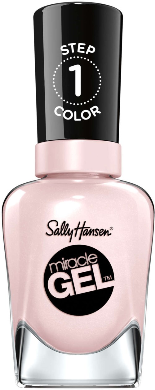 Rosa nagellackflaska med svart lock som visar steg 1 och färg. Varumärke Sally Hansen och produktnamn Miracle Gel.