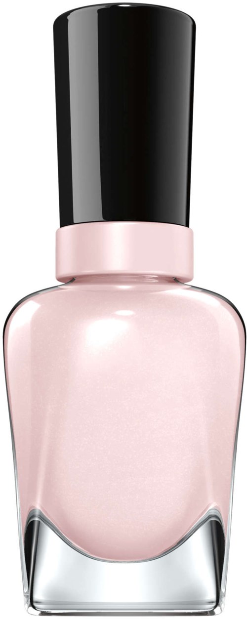 En pastellrosa nagellackflaska med svart lock, enkel och stilren design.