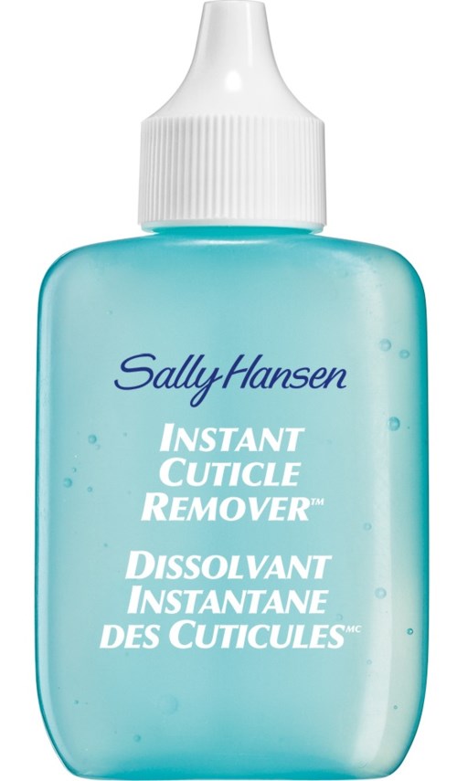 En blå flaske med hvit hette merket 'Sally Hansen Instant Cuticle Remover' for å fjerne neglebånd.
