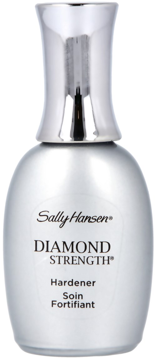 En silverfärgad flaska med Sally Hansen Diamond Strength Hårdningsmedel för naglar, med en glänsande hals och enkelt design.