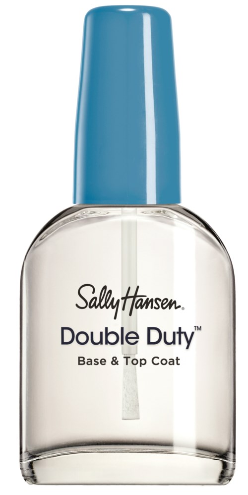 En klar nagellackflaska med blå lock, märkt Sally Hansen Double Duty, för bas- och topplack.