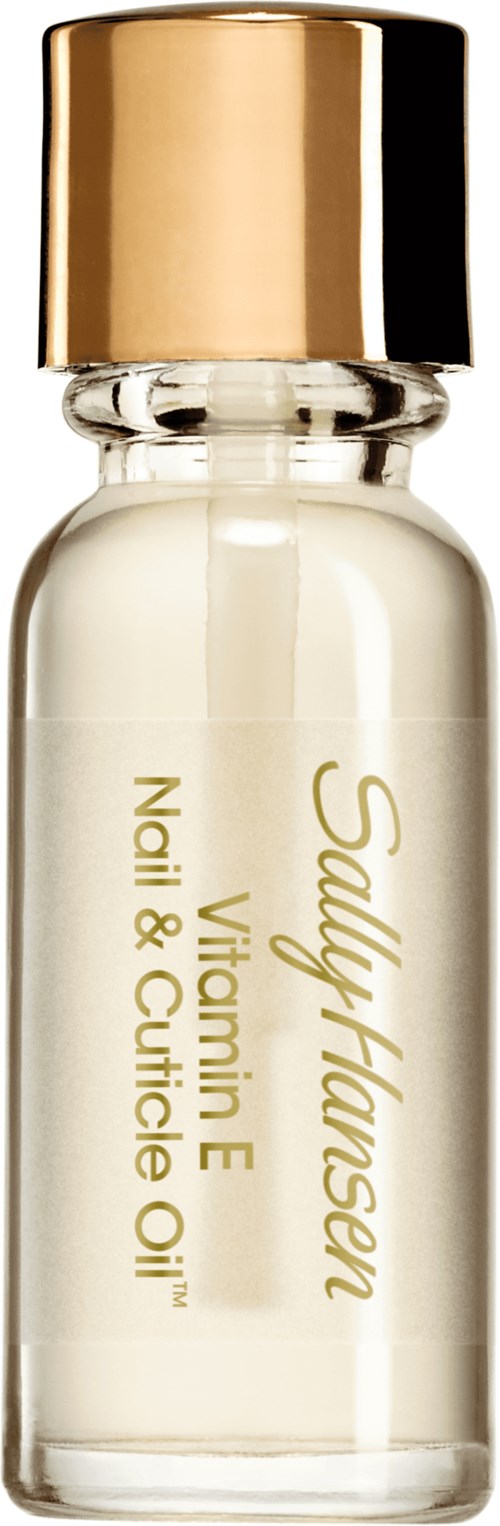 En liten glasflaska med guldlock, innehållande vitt olja märkt som Vitamin E nagel- och nagelbandsolja.