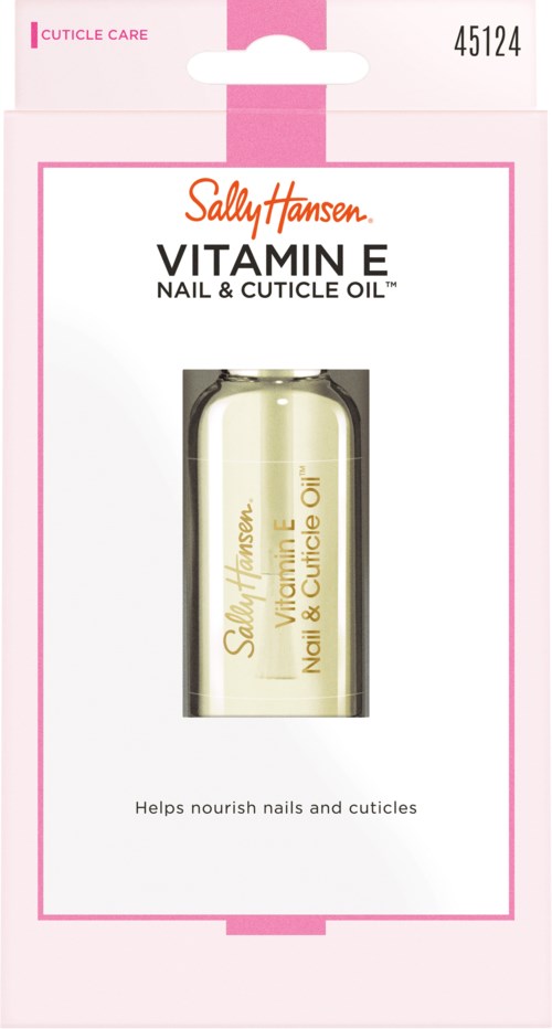 En nagelolja i en tydlig flaska i rosa och vit förpackning med orange och svart text.