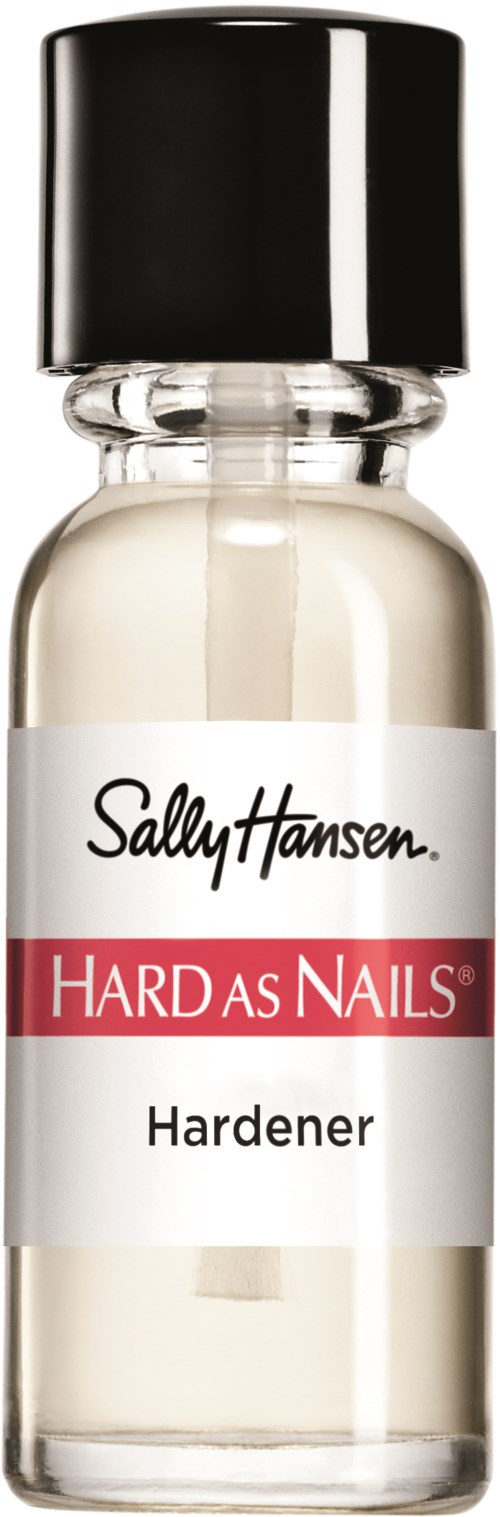 Kleine Flasche Sally Hansen Nagelhärter mit schwarzem Deckel und weißem Etikett.