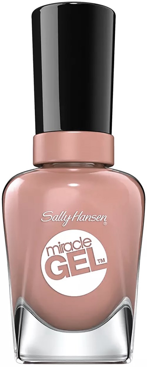 Nailpolish-flaska, rosa färg, med svart lock, märkt 'Sally Hansen Miracle Gel.'