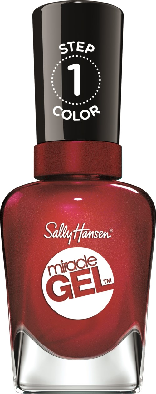 En rød neglelakflaske med sort låg, mærket med trin til farveanvendelse. Mærkenavnet er Sally Hansen.