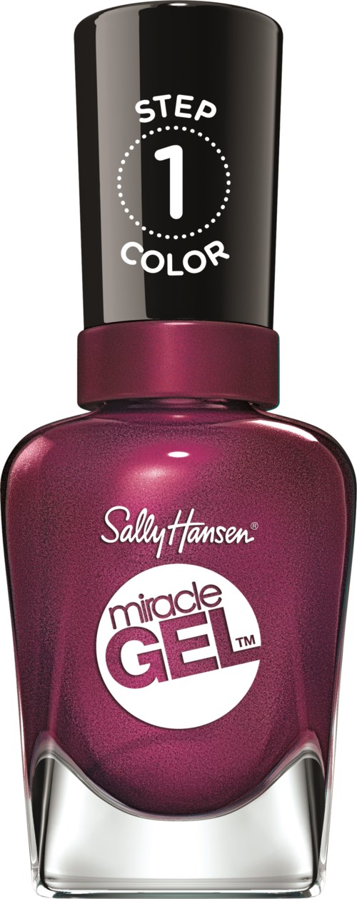 En flaske Sally Hansen Miracle Gel neglelak i glitrende mørkerød med sort låg. Den viser trin 1 for farve.