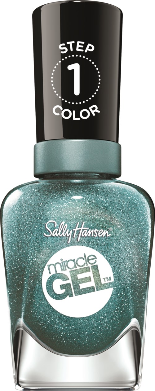 En teal neglelak i en flaske, mærket som trin 1 farve, kaldet Sally Hansen miracle GEL.