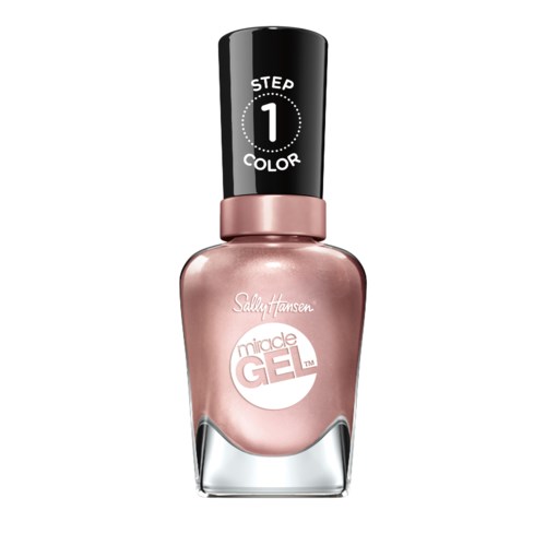En pink neglelakflaske med sort hætte, mærket Sally Hansen Miracle Gel med trin 1 farveinstruktion.