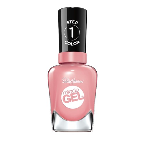 En pink Sally Hansen neglelakflaske med sort låg, mærket 'Step 1 Color' og 'Miracle Gel.'