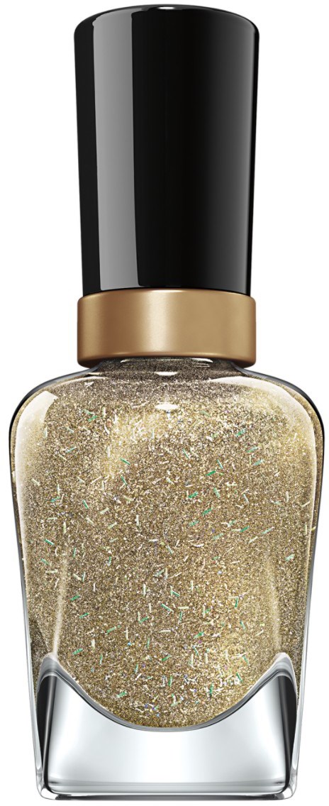 En glasflaske med neglelak med guldglitter og sort låg. Låget har en guldbånd.