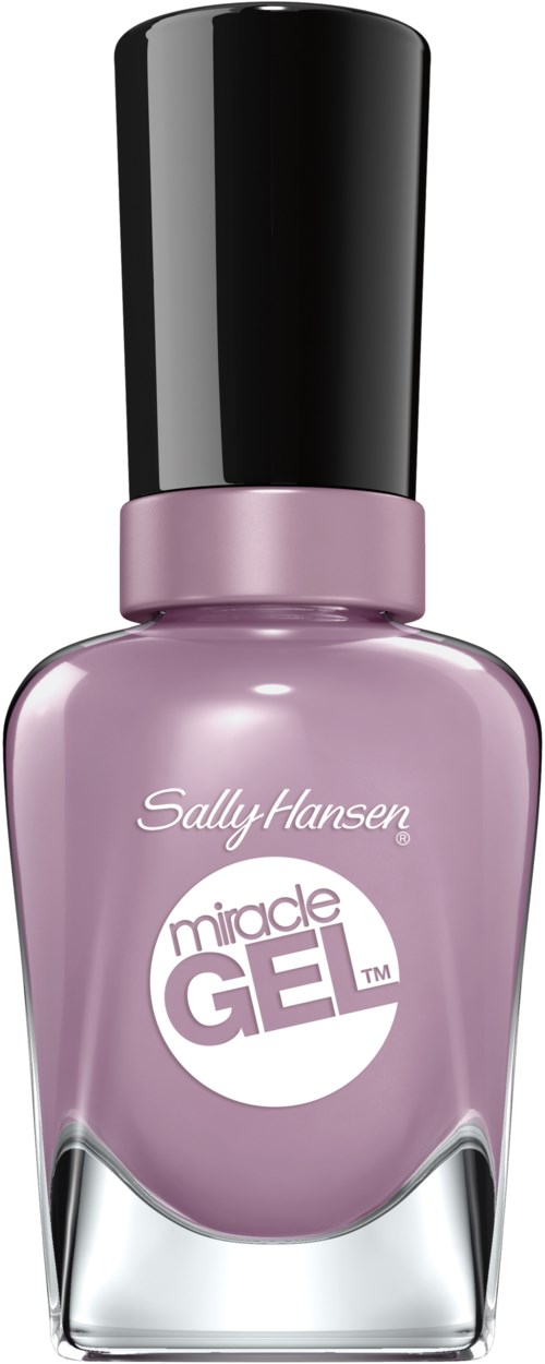 En flaska Sally Hansen Miracle Gel nagellack i en mjuk lila färg med ett svart lock.