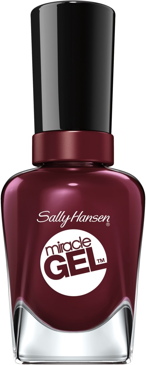 En mörkröd Sally Hansen Miracle Gel nagellacksflaska med svart lock.