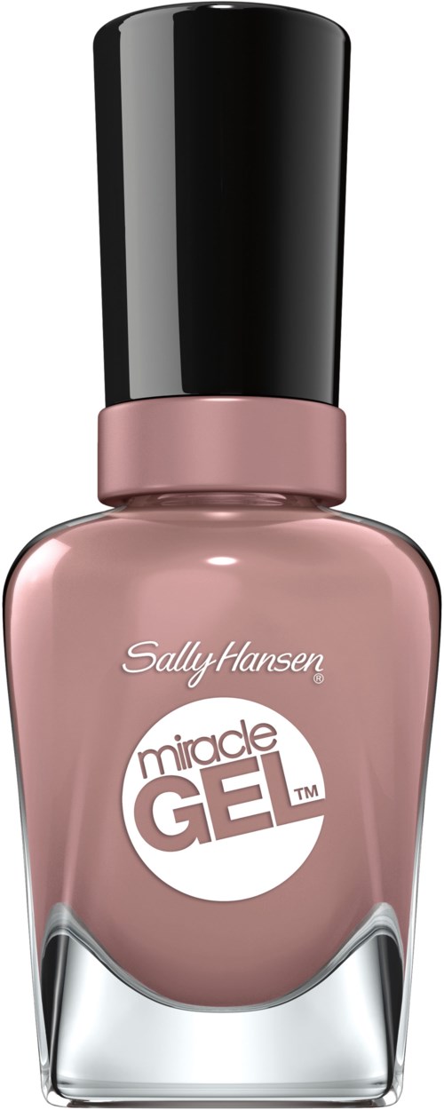 En rosa gel neglelakflaske med sort låg, kaldet Sally Hansen Miracle Gel.