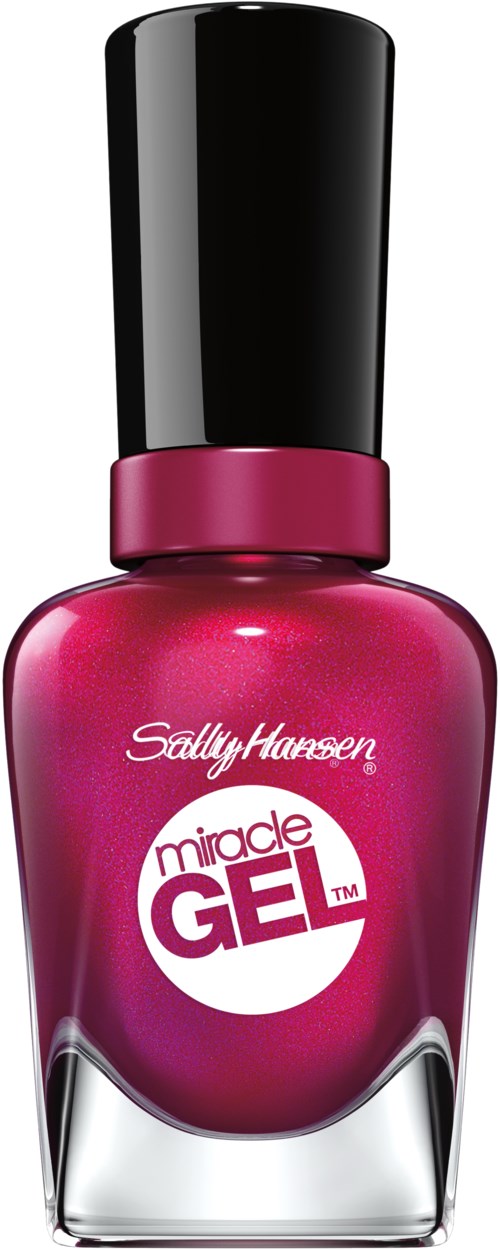 En rosa nagellackflaska med svart lock, märkt Sally Hansen Miracle Gel.